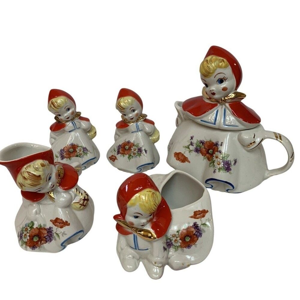MCM Hull Little Red Riding Hood Tea Pot Set Red & White Ceramic 6 Pieces